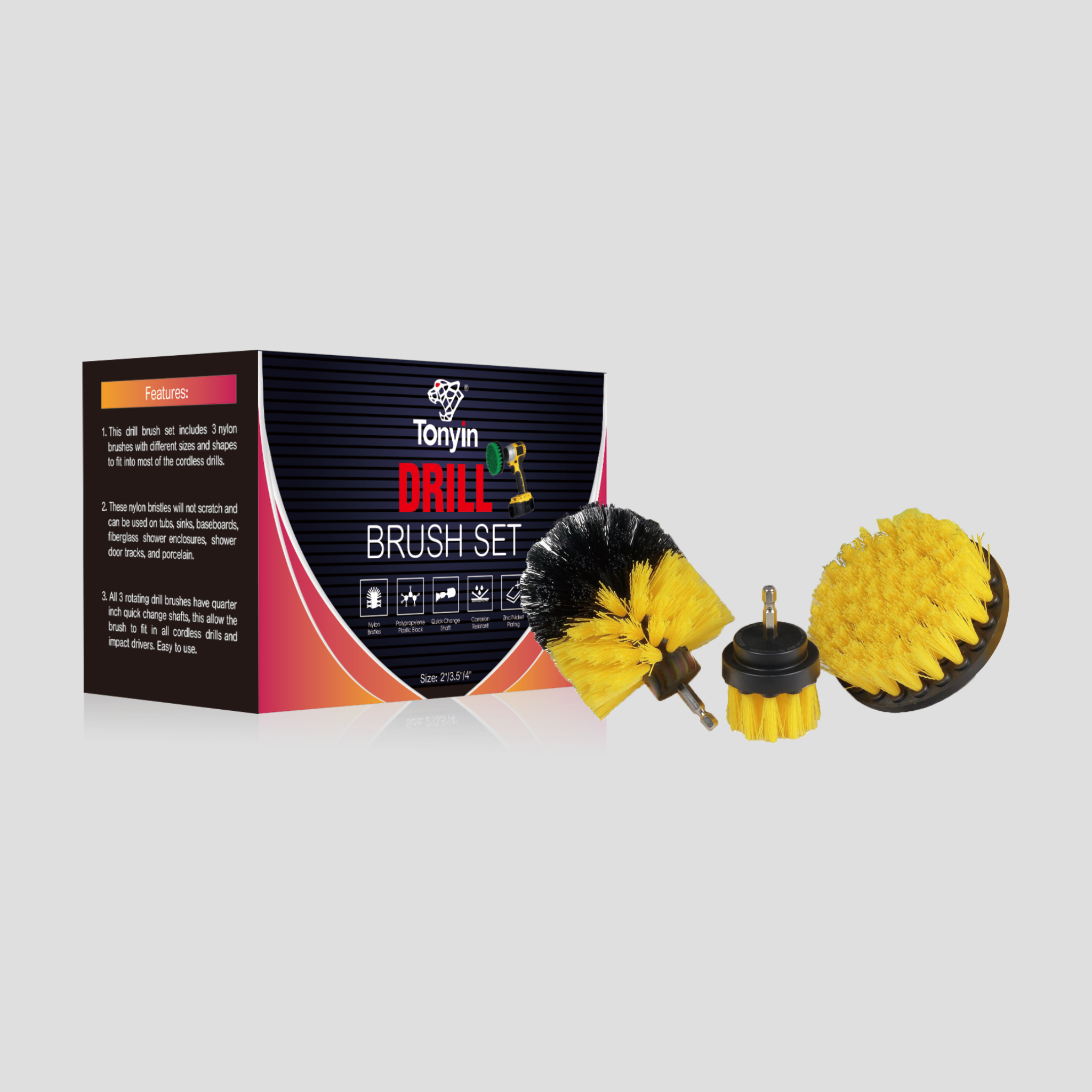 Tonyin Drill Brush Set Yellow Medium Bristle 3Pcs (TT17A YELLOW)