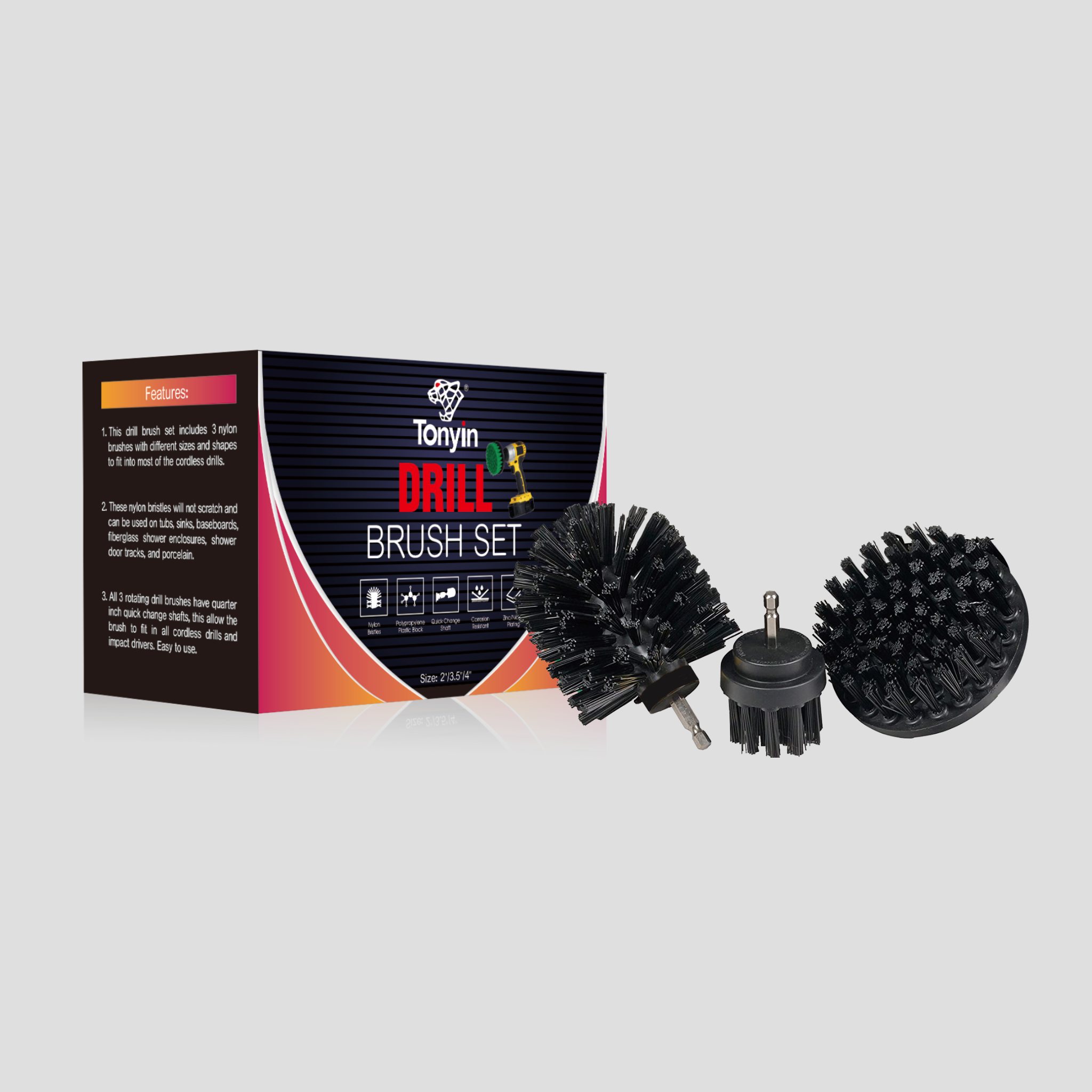 Tonyin Drill Brush Set Black Hard Bristle 3Pcs (TT17A BLACK)