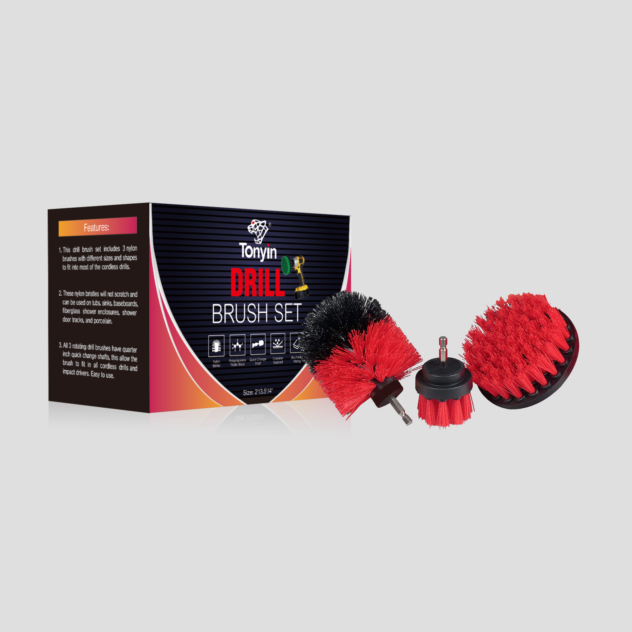 Tonyin Drill Brush Set Red Stiff Bristle 3Pcs (TT17A RED)